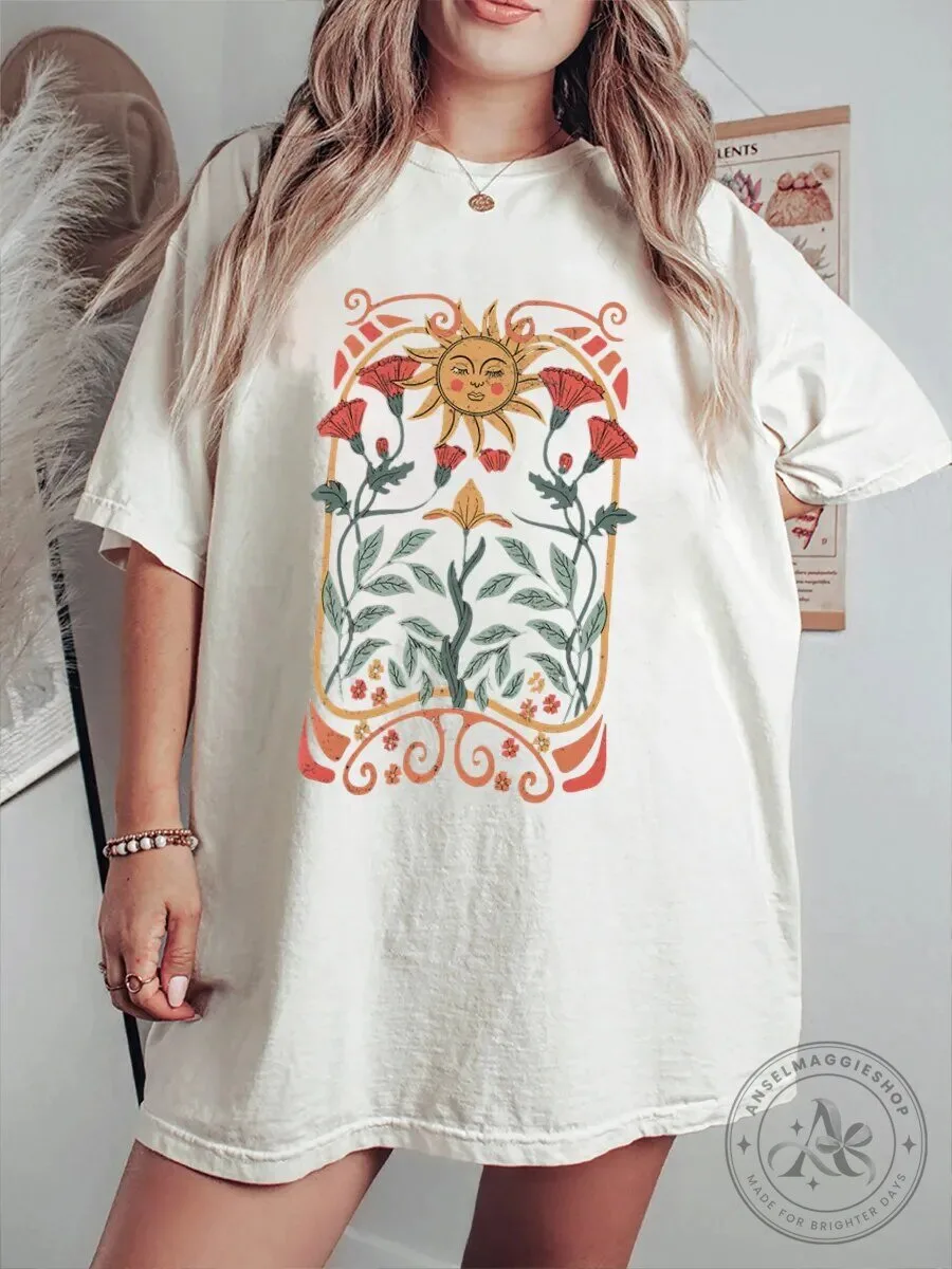 Vintage Boho Wildflowers Sun Graphic T-Shirt for Women