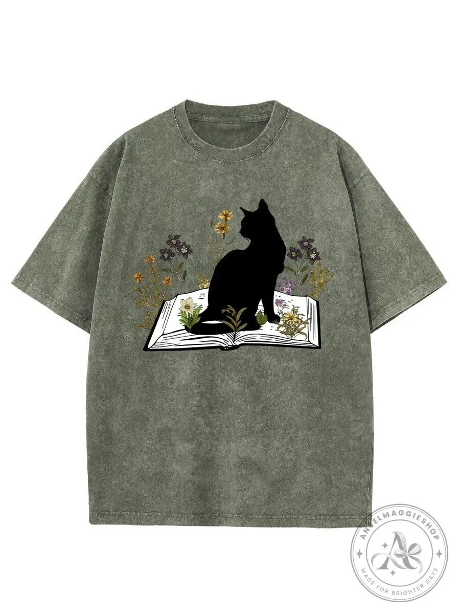 Vintage Cat On Book With Flowers Washed Graphic T-Shirt