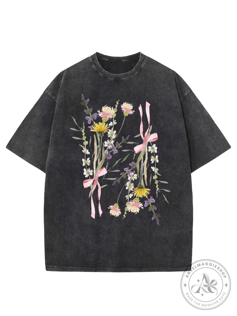 Vintage Wildflowers And Bowknot Washed T-Shirt