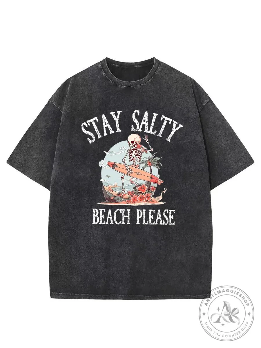 Stay Salty Beach Please Skeleton Surfer Vintage Washed T-Shirt