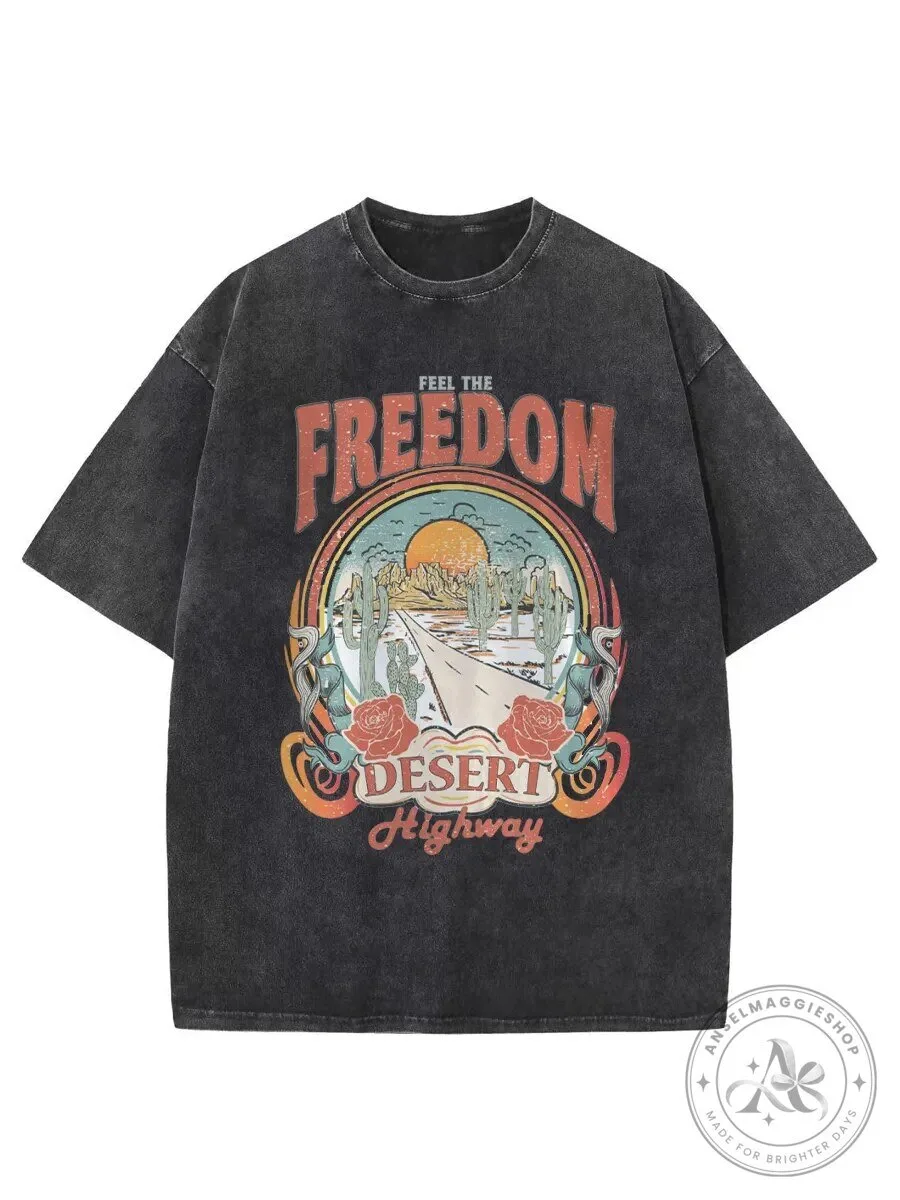 Vintage Feel The Freedom Desert Highway Washed Graphic T-Shirt