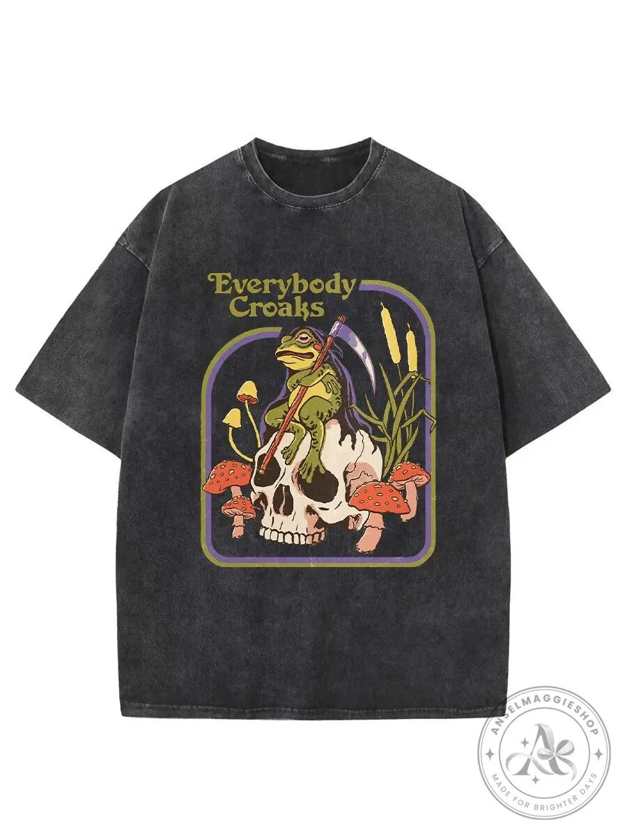 Everybody Croaks Frog on Skull with Scythe Vintage Washed T-Shirt
