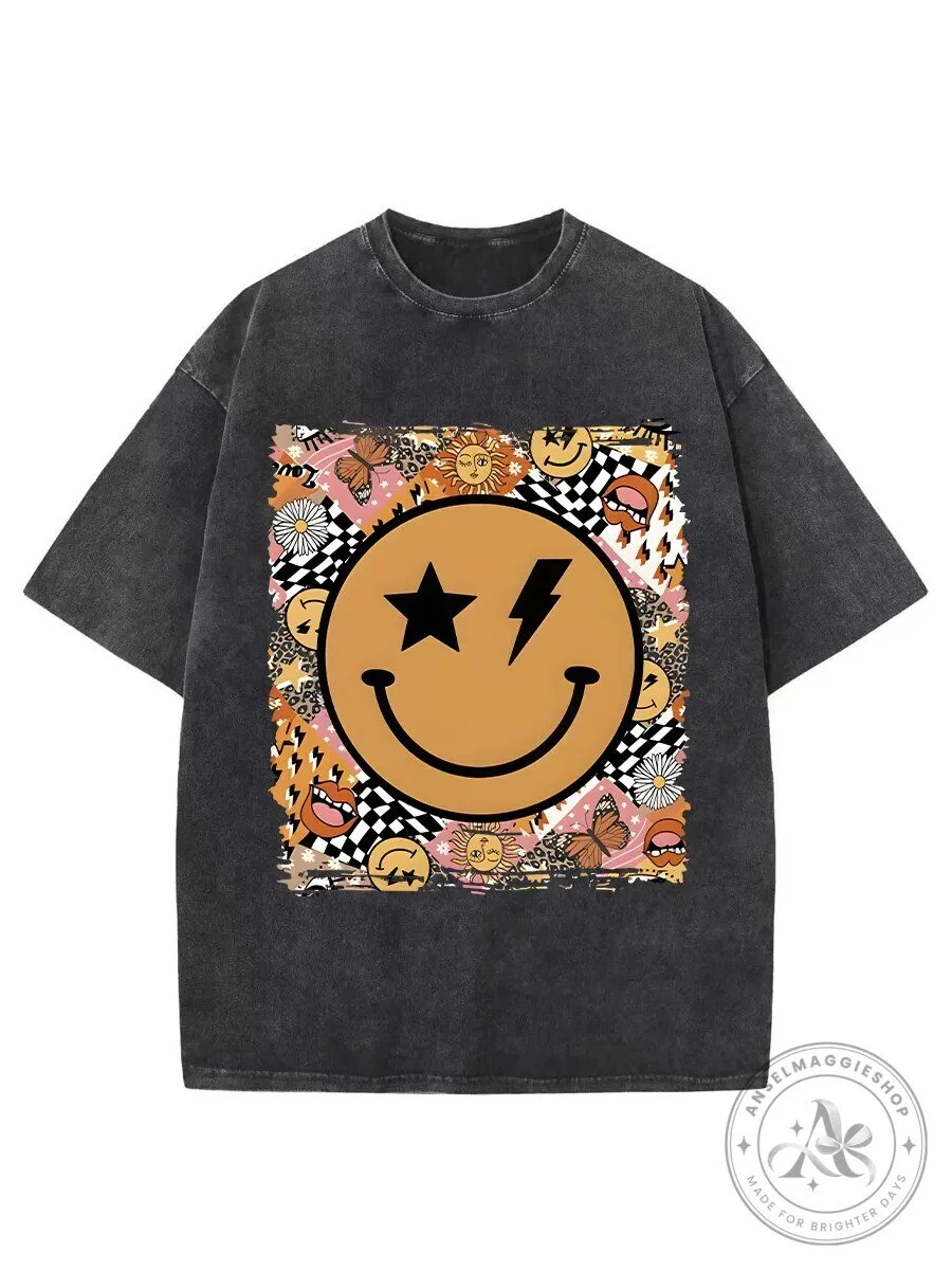 Vintage Smiley Face Lightning Bolt Checkered Pattern Black Washed T-Shirt