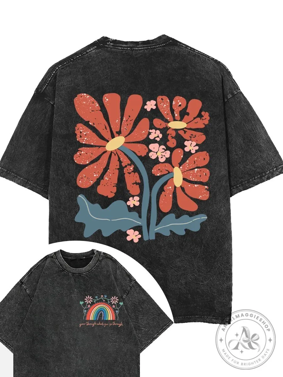 Grow Through What You Go Through Boho Flowers Washed Black T-Shirt