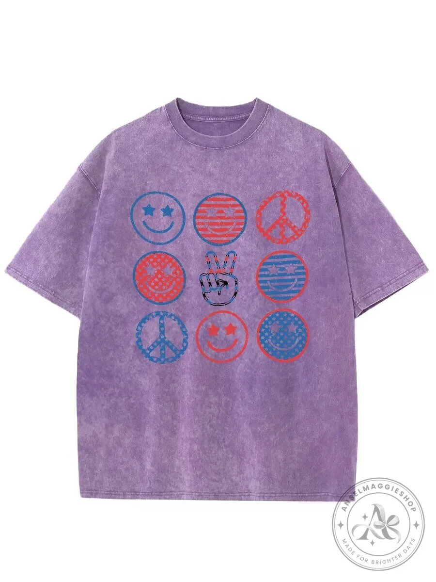 Vintage Americana Distressed Purple Smiley Face Peace Sign T-Shirt