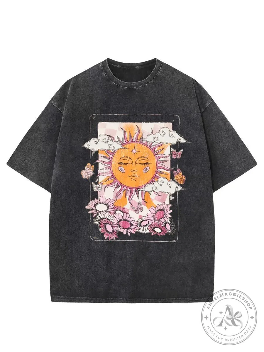 Vintage Celestial Sun and Flowers Graphic Washed T-Shirt
