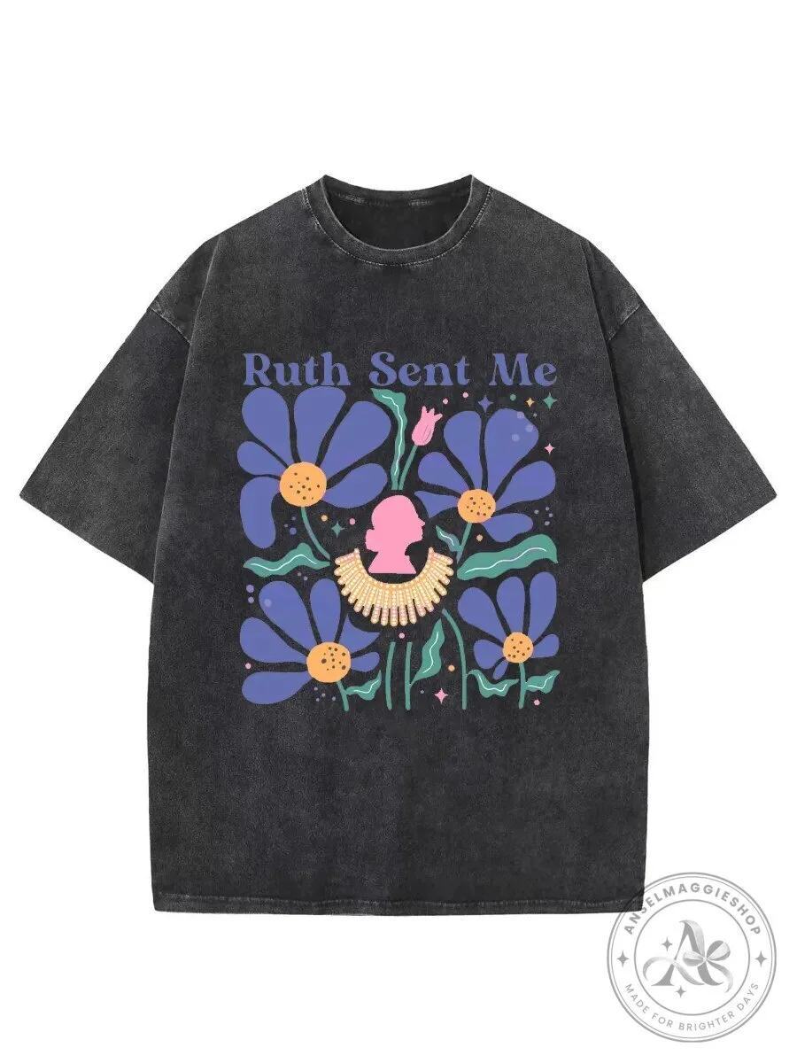 Ruth Sent Me Floral Design Washed Black Cotton T-Shirt
