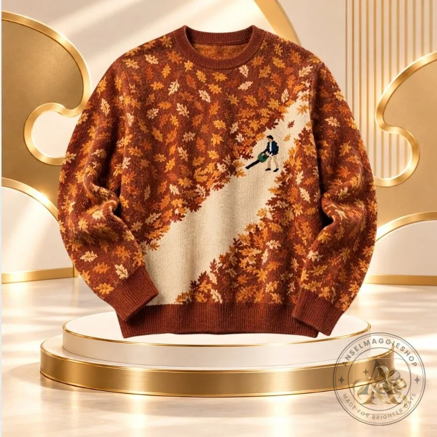 Leaf Blower Autumn Leaves Funny Knit Sweater Funny Squirrel Autumn Crewneck