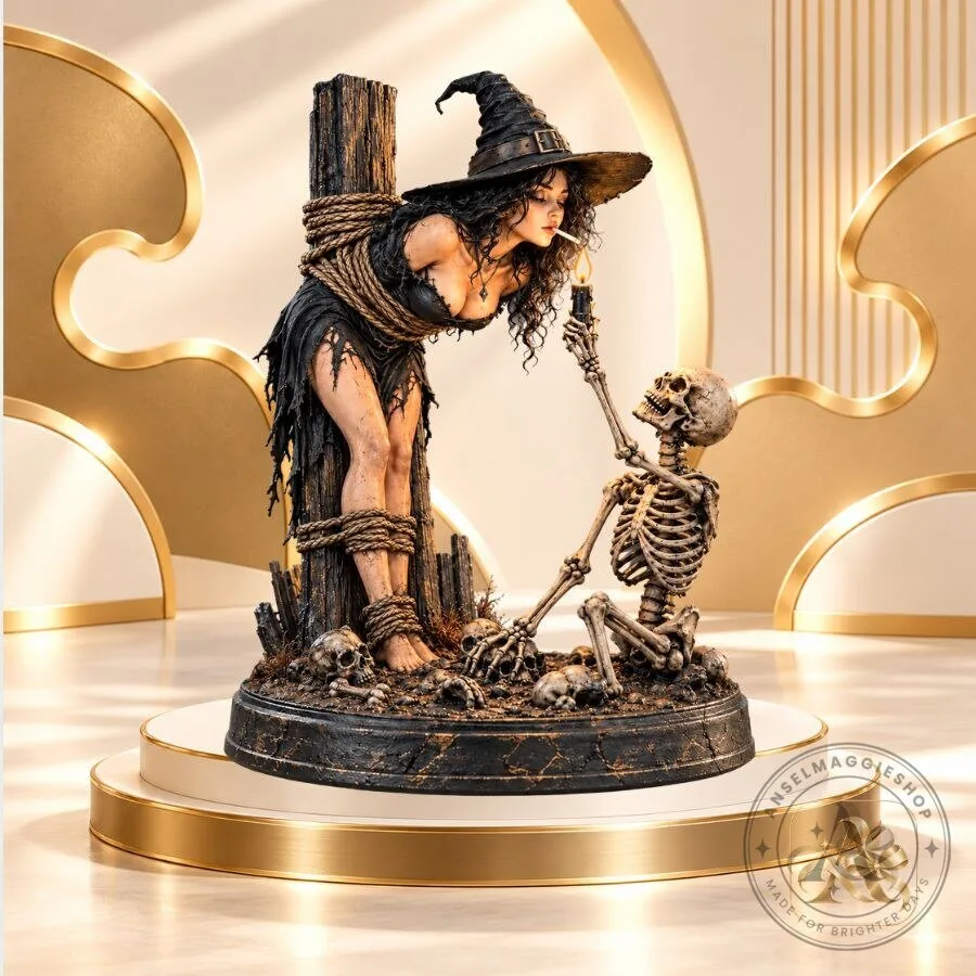 Gothic Witch and Skeleton Statue Halloween Tabletop Decor Figurine